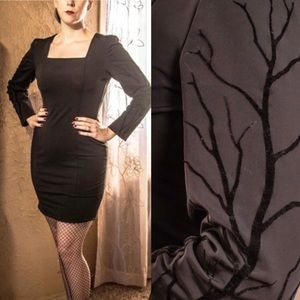 VTG Faust Black Scuba Dress Velvet Tree Branch Sleeves